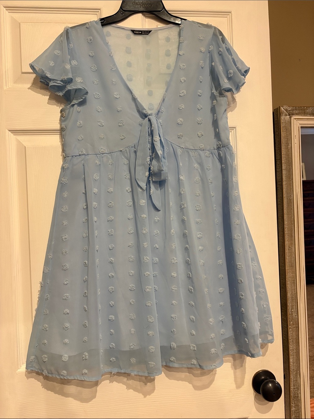 Light Blue Tie-Front Swiss Dot Dress